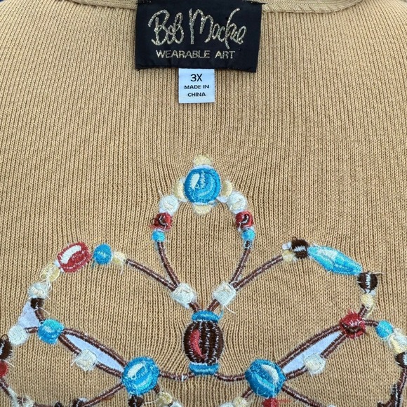 Bob Mackie Wearable Art Beige Dreamcatcher Embroidered Cardigan‎ Sweater Size 3X - Picture 7 of 10